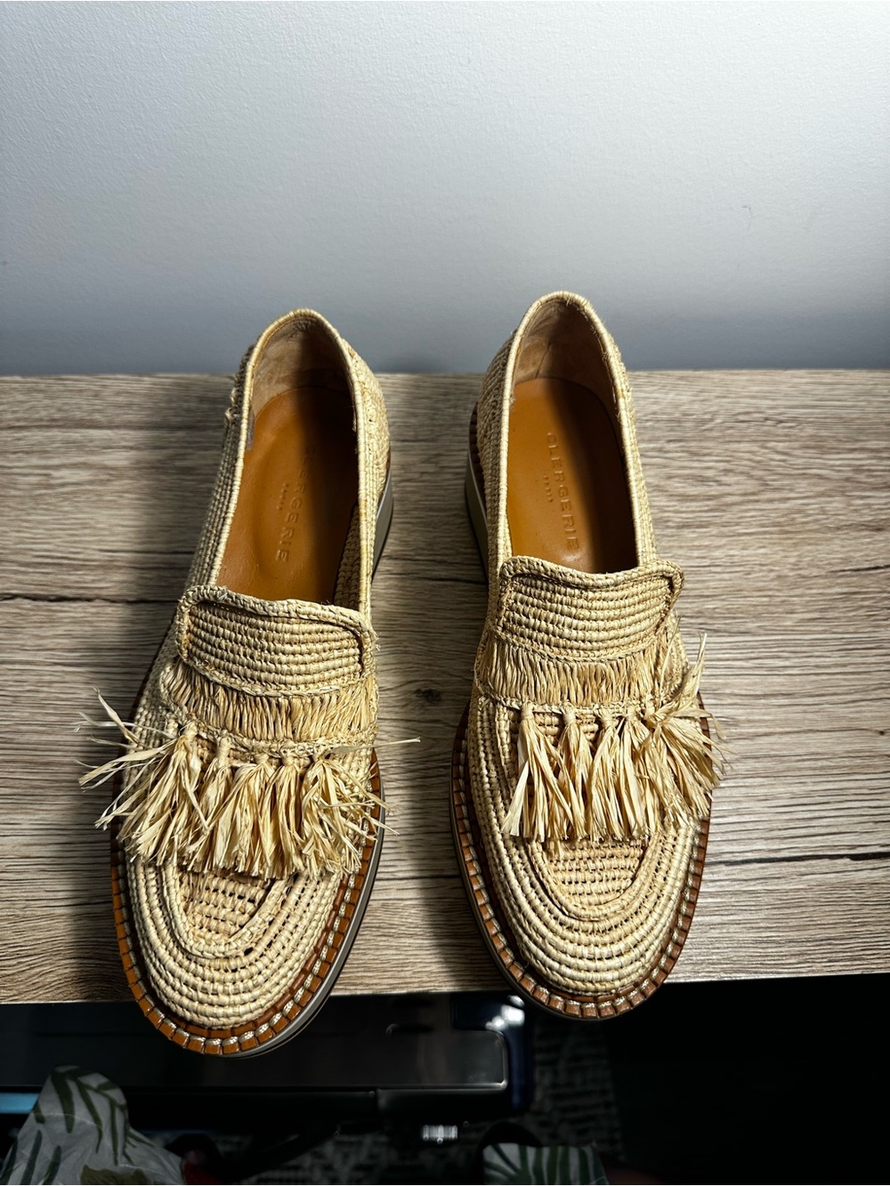 Robert Clergerie Natural Raffia Tassel Platform Loafers